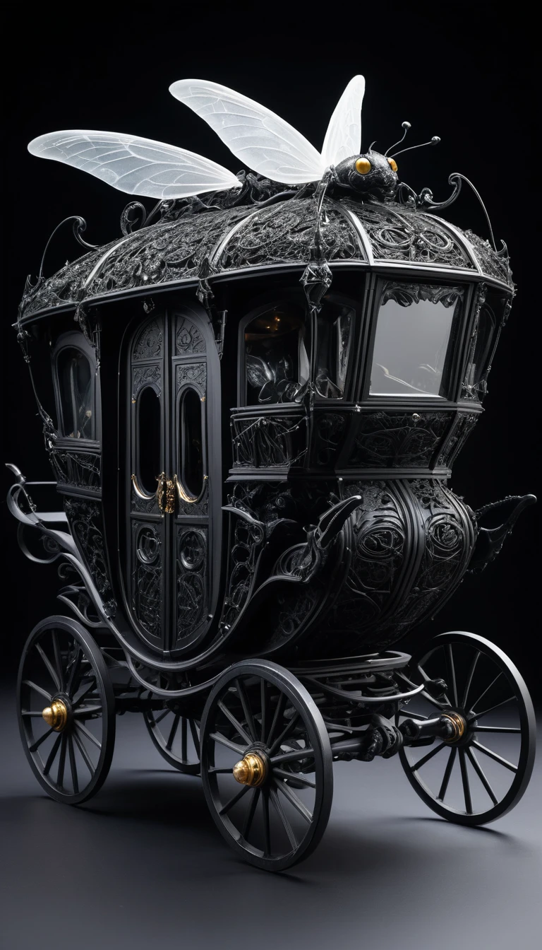 Una carrozza di ossidiana trainata da ombre, con ali impalpabili e ruote di fulgurite