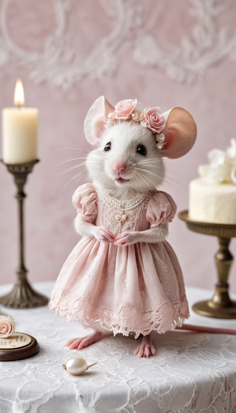 Um rato branco com um vestido de renda rosa segura uma carta selada com cera