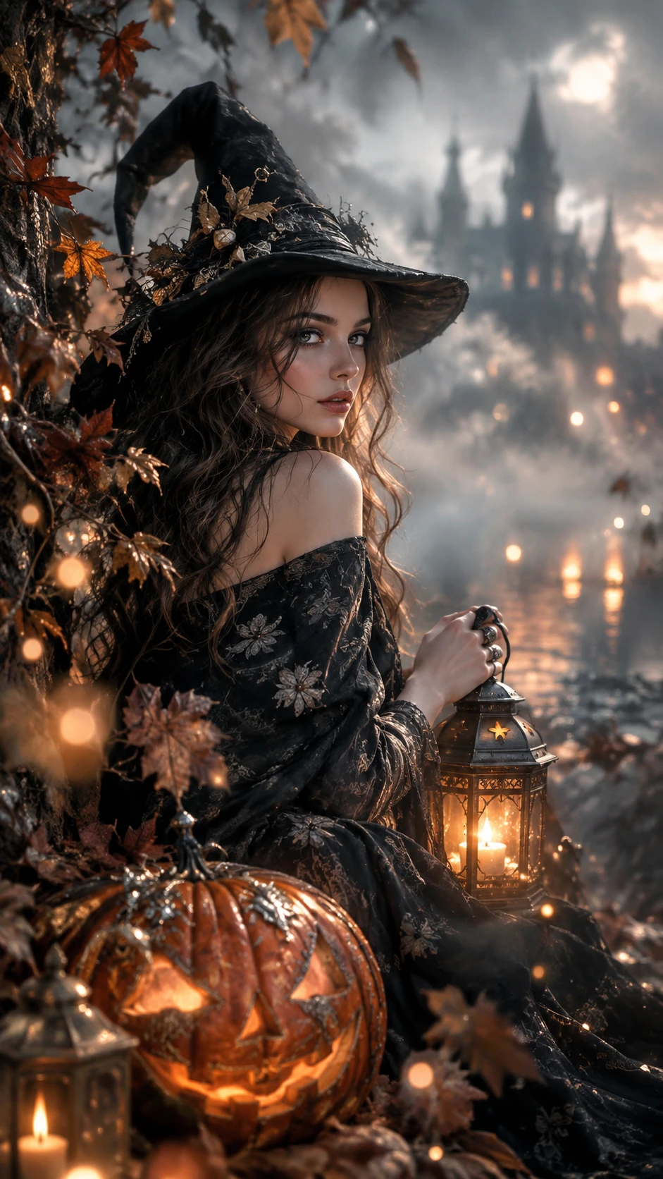 A glowing pumpkin and lantern in a misty autumn illustration