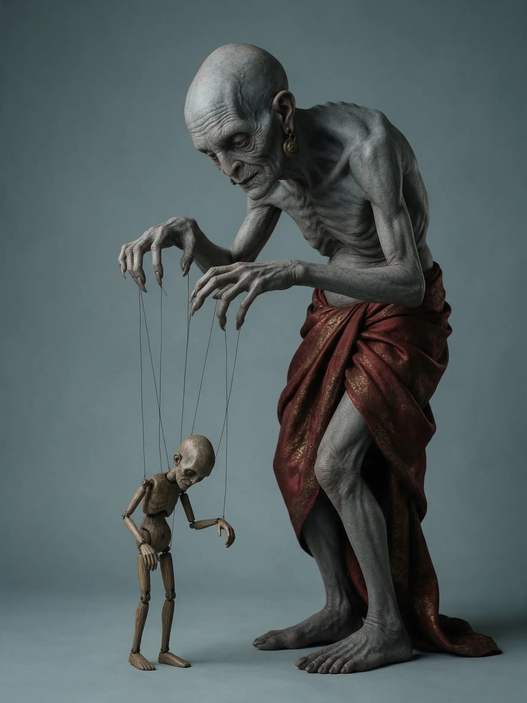 Ein uraltes, gebücktes Wesen führt eine winzige Marionette aus Holz an feinen Fäden