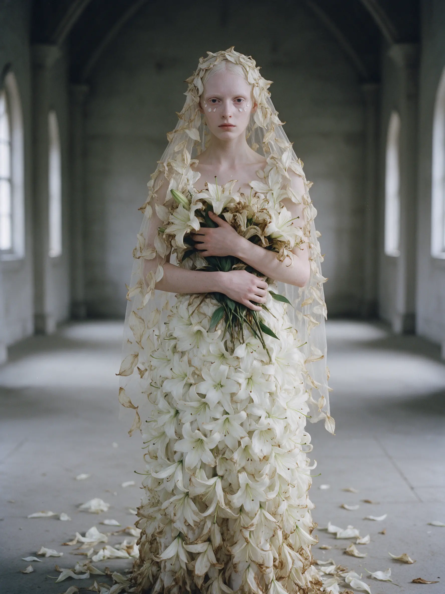 Ein Model steht allein in einer kapellenartigen Halle und trägt ein Kleid aus Lilien