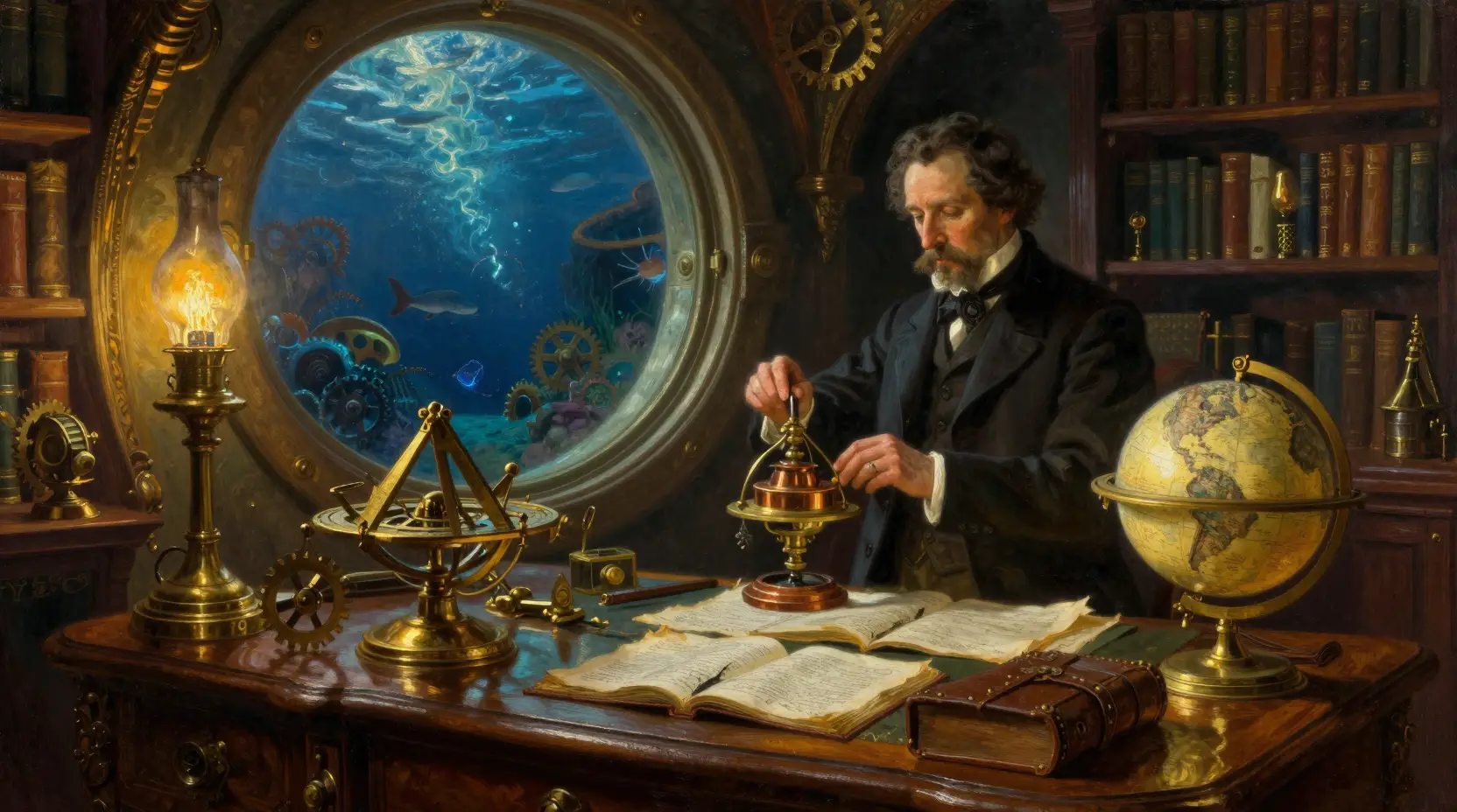 Ein viktorianischer Wissenschaftler justiert einen Kupferapparat in einer U-Boot-Bibliothek