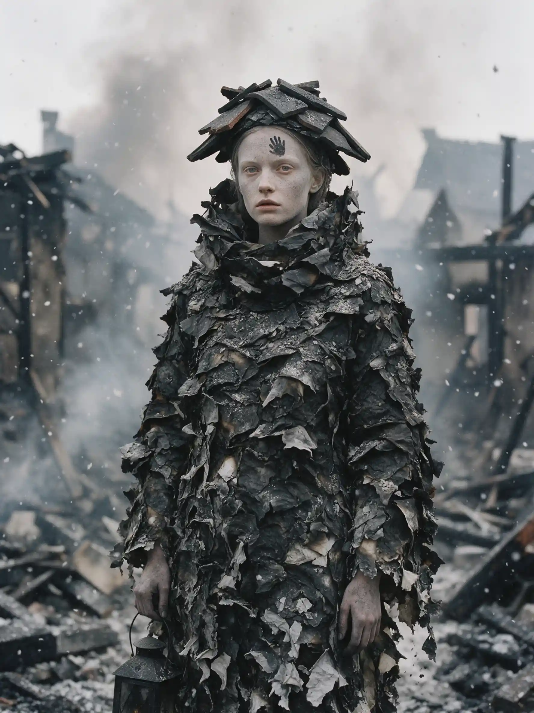 A fashion model stands amid village ruins as ash falls like snow