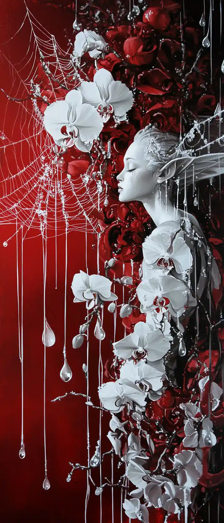 A male fairy among giant orchids and water droplets on spiderwebs