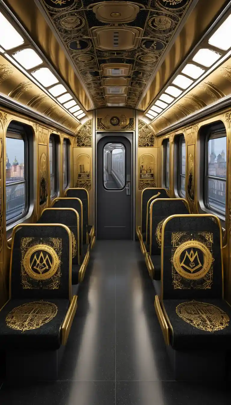 A Black Moscow Metro Train Decorated With Golden City Symbols