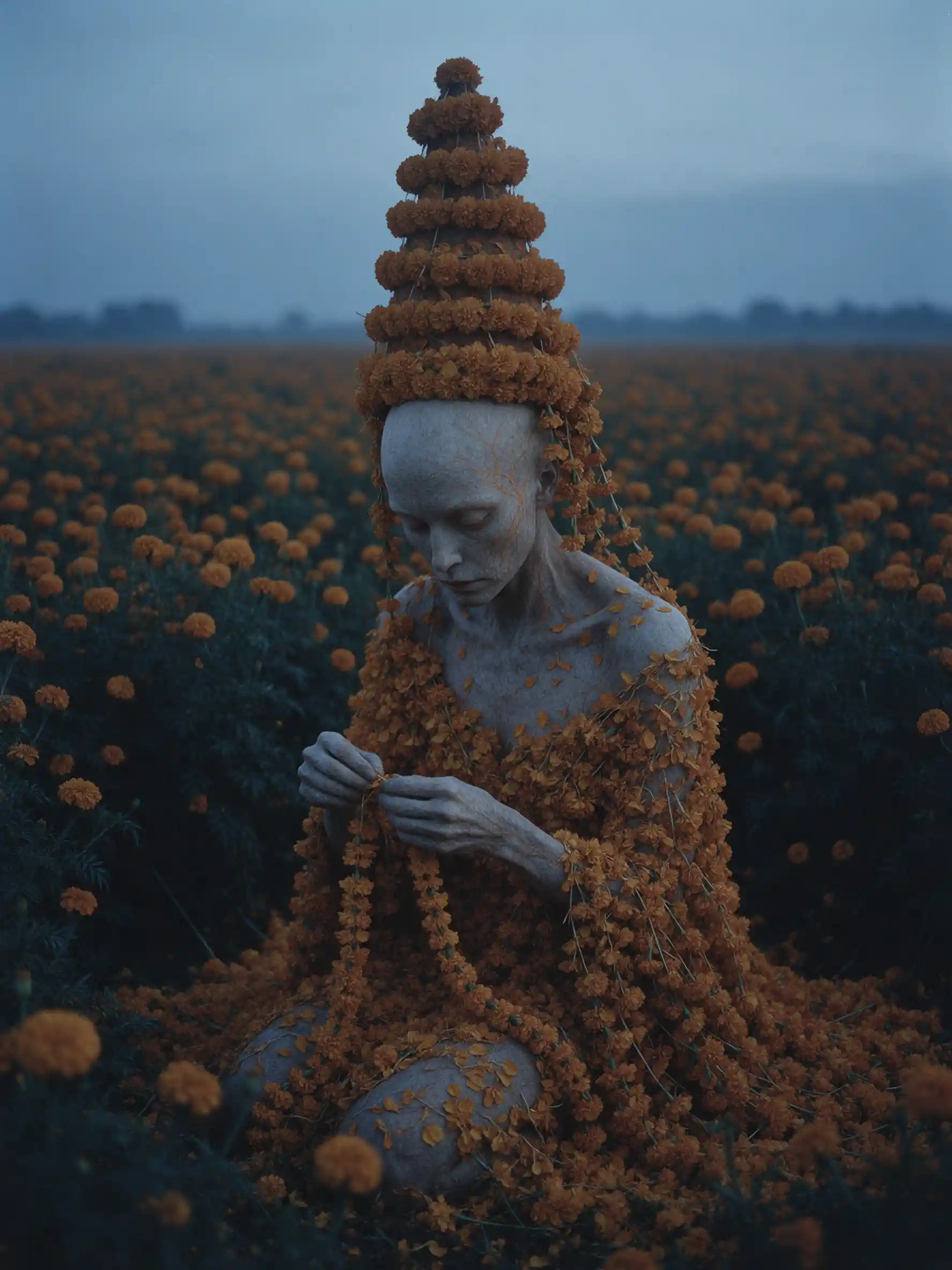 A marigold field spirit threads a garland among flowers at blue hour