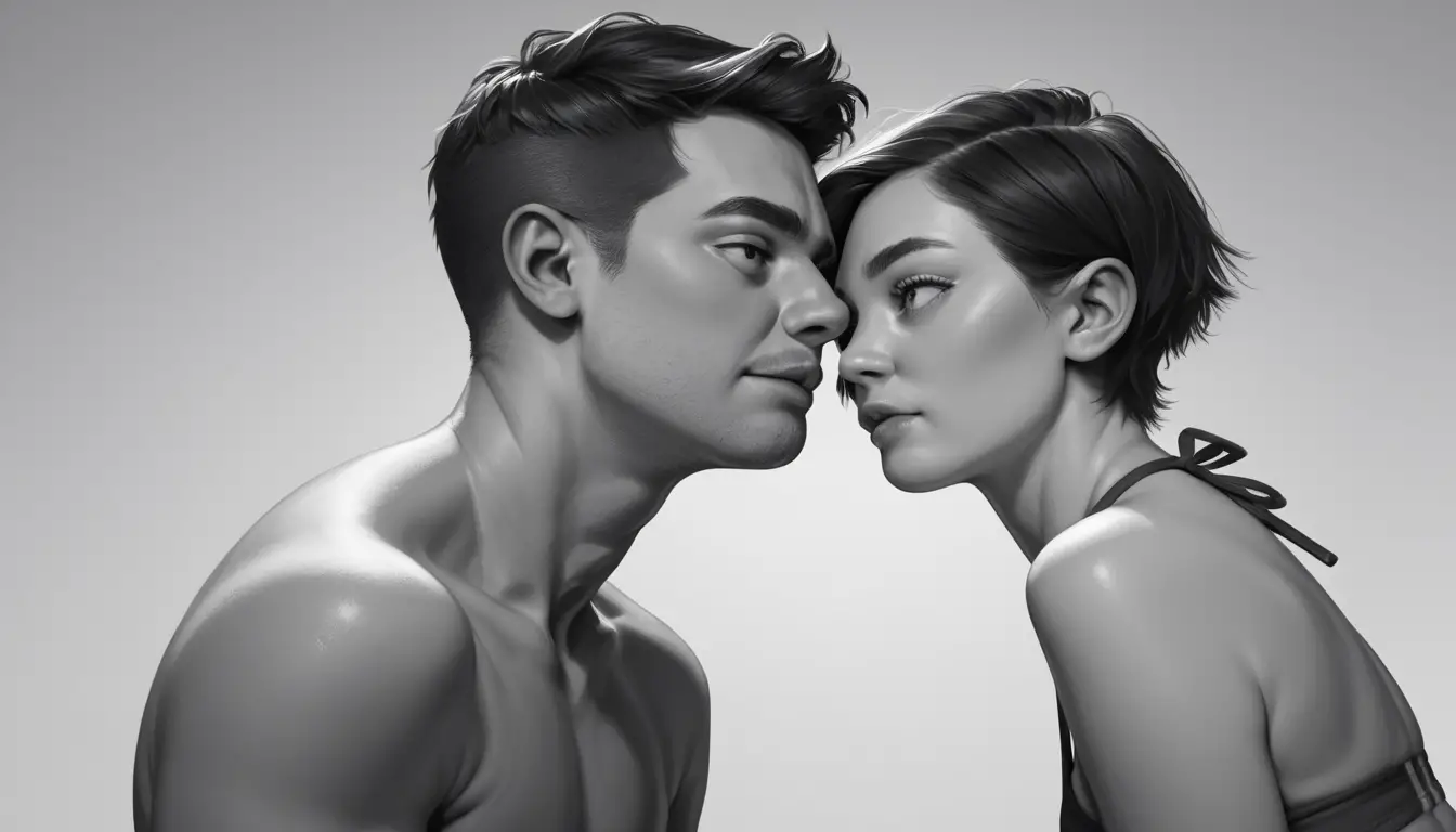 Two models pose as a woman turns away in a monochrome swimwear editorial