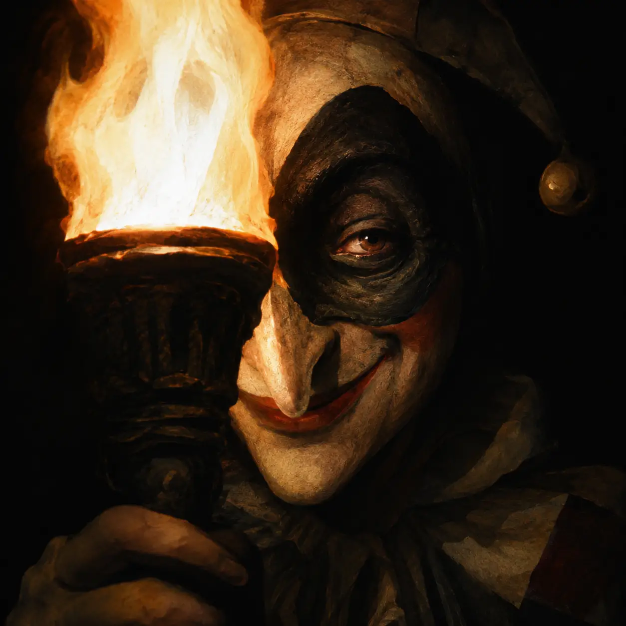 Ein lächelnder Harlekin-Clown erscheint neben einer Fackel in der Dunkelheit