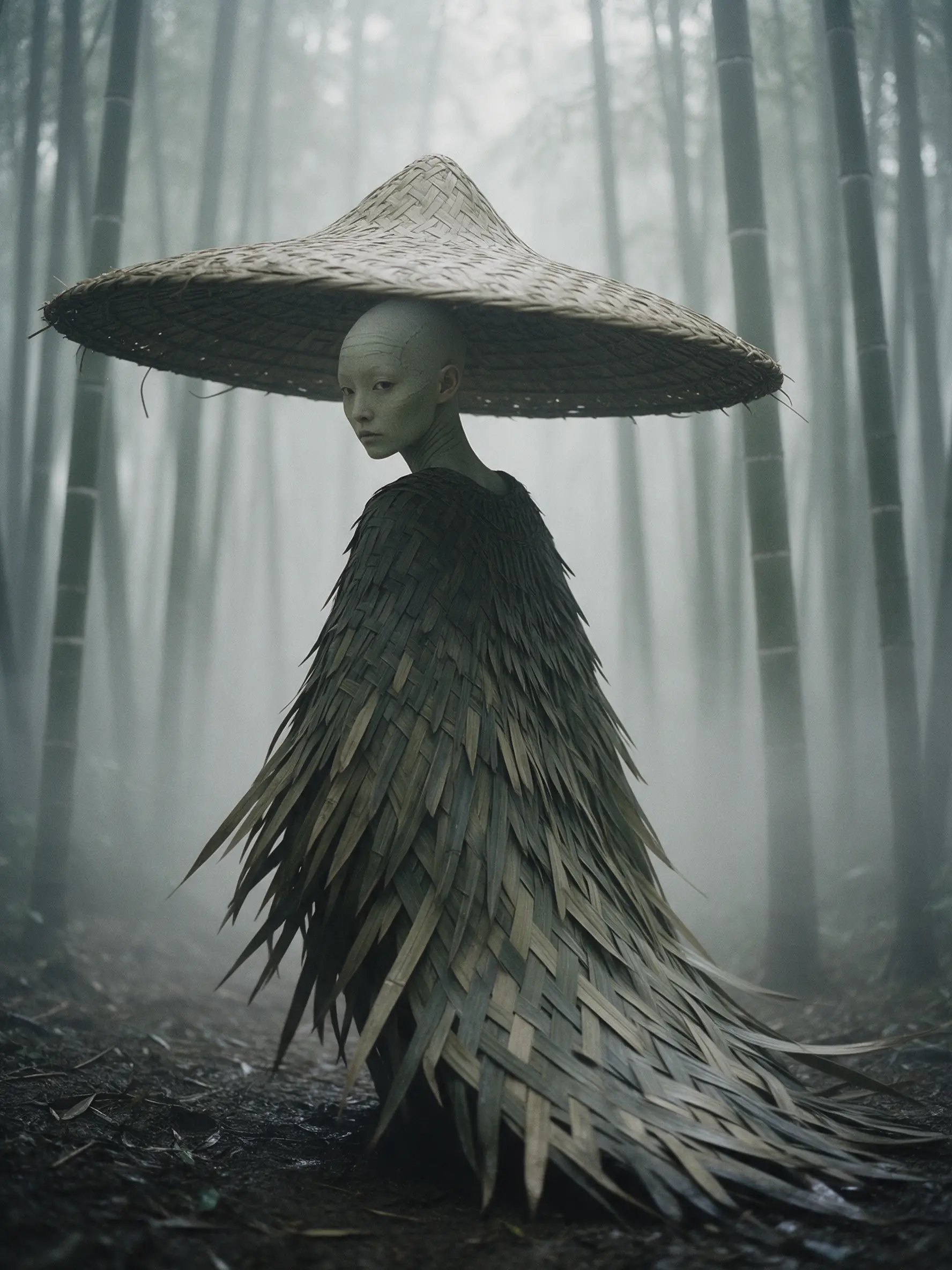 A bamboo grove spirit walks away through mist, glancing over her shoulder