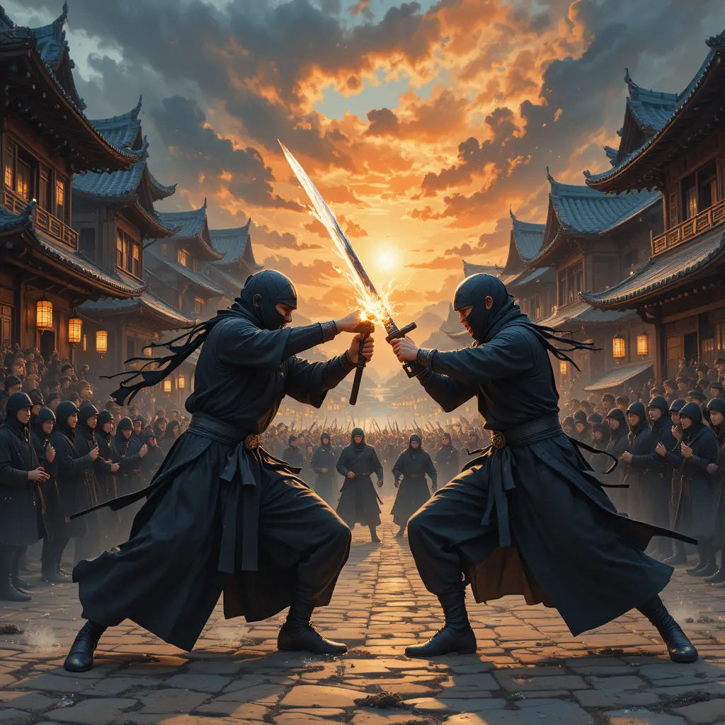 Guerreros ninja se baten en duelo entre la multitud en una aldea de estilo sumi-e