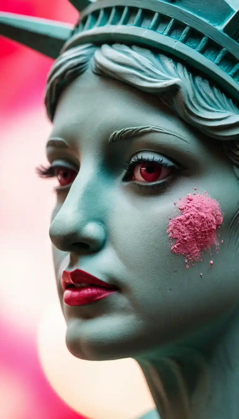 Statue of Liberty applies red lipstick before an illuminated mirror
