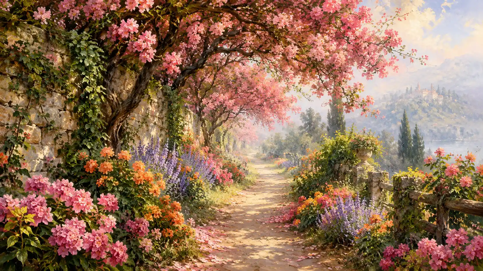 Une allée de jardin fleurie sous la ramure d’arbres aux fleurs roses