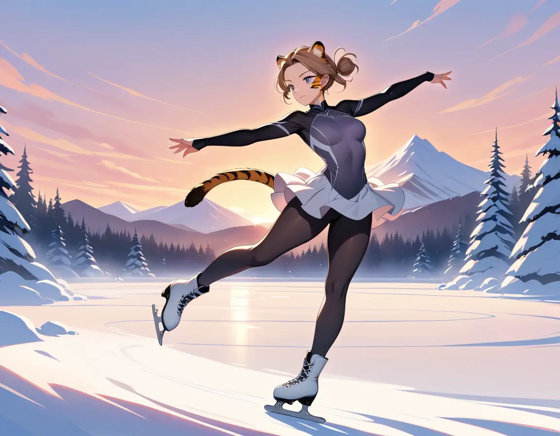A tiger woman skates gracefully across a frozen lake at sunset