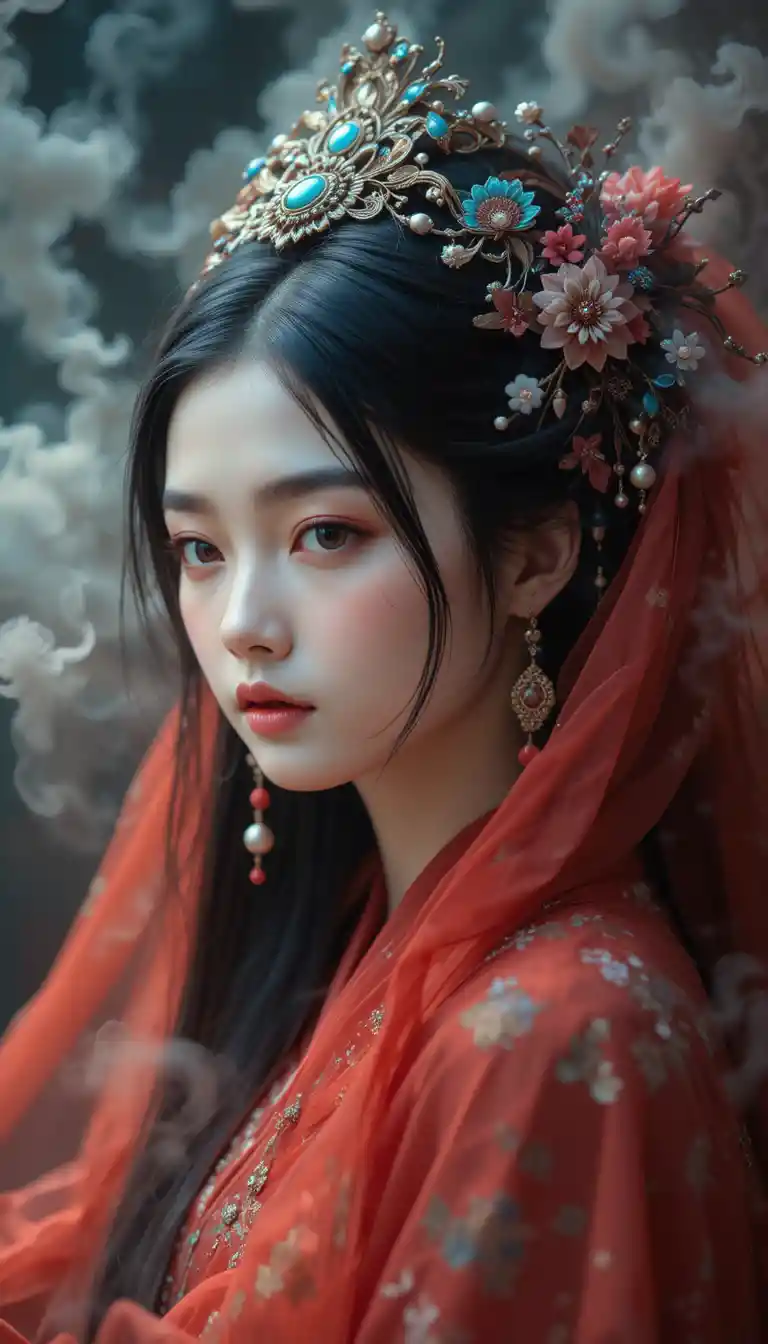 An ethereal woman in Chinese opera inspired makeup and jeweled headdress