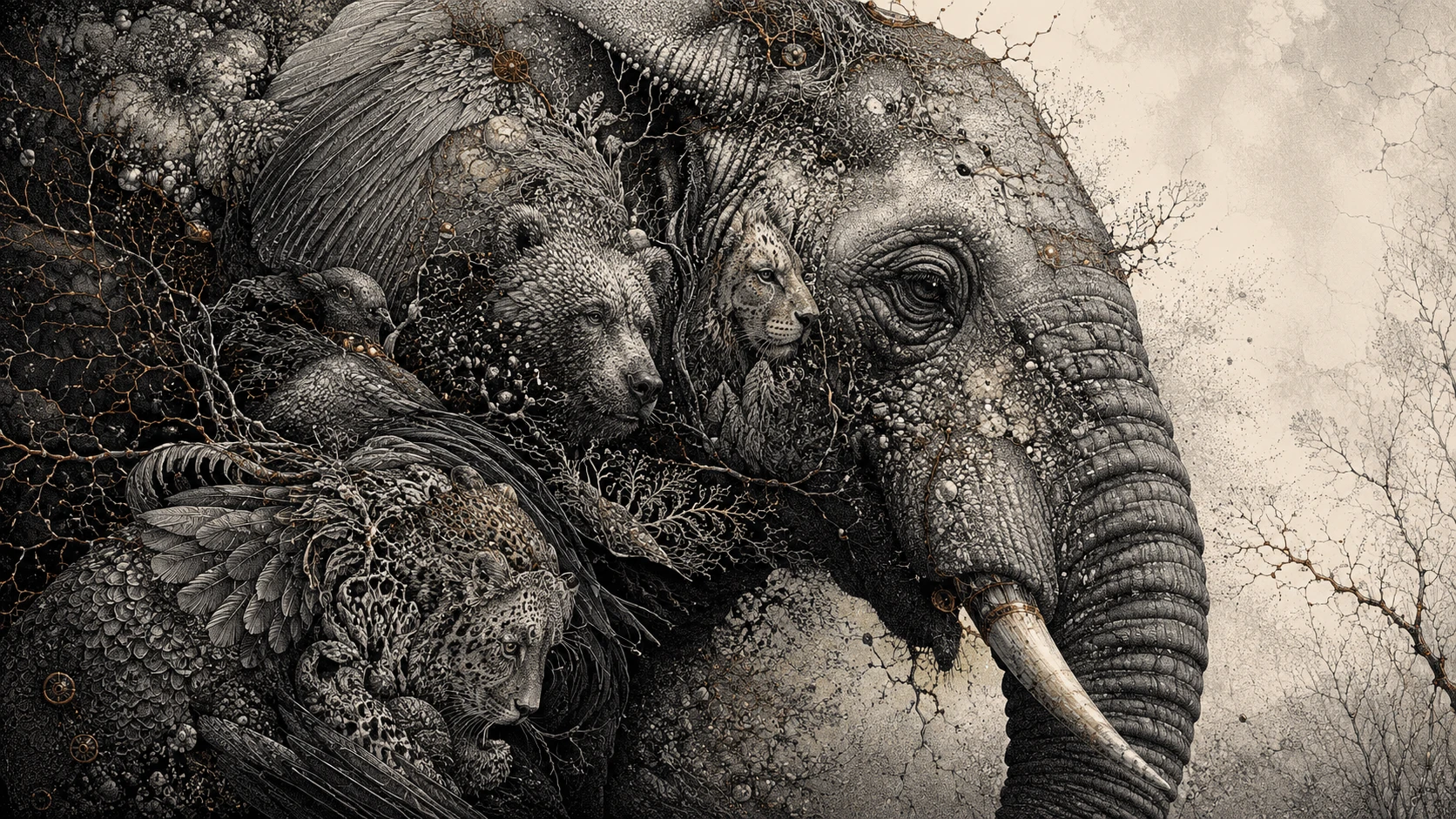 A large animal emerges from a field of black and ivory dots