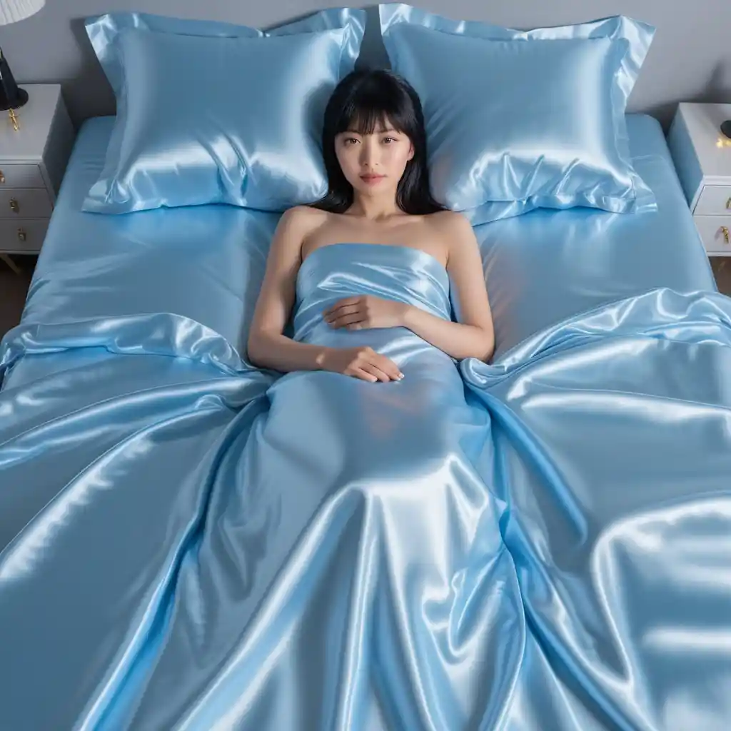 A Japanese woman reclines across shimmering satin king bed sheets