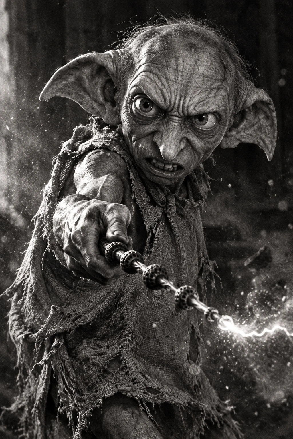 Dobby the house elf raises the Elder Wand in a fierce spellcasting stance