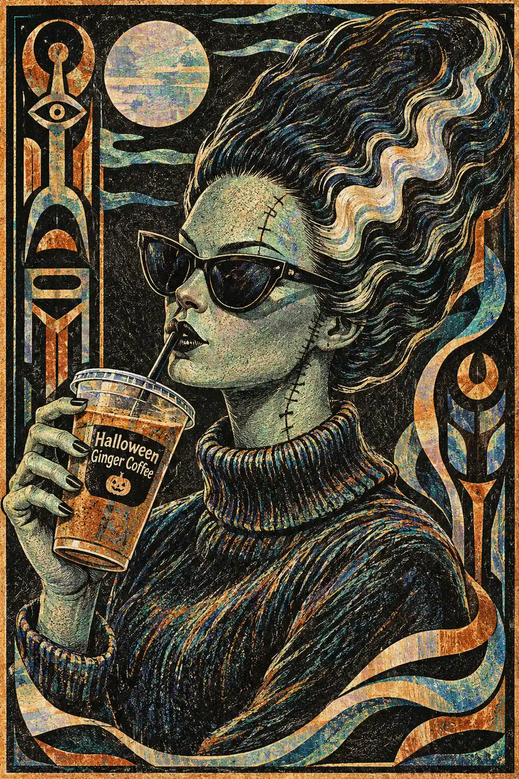 The bride of Frankenstein sips ginger coffee through a straw