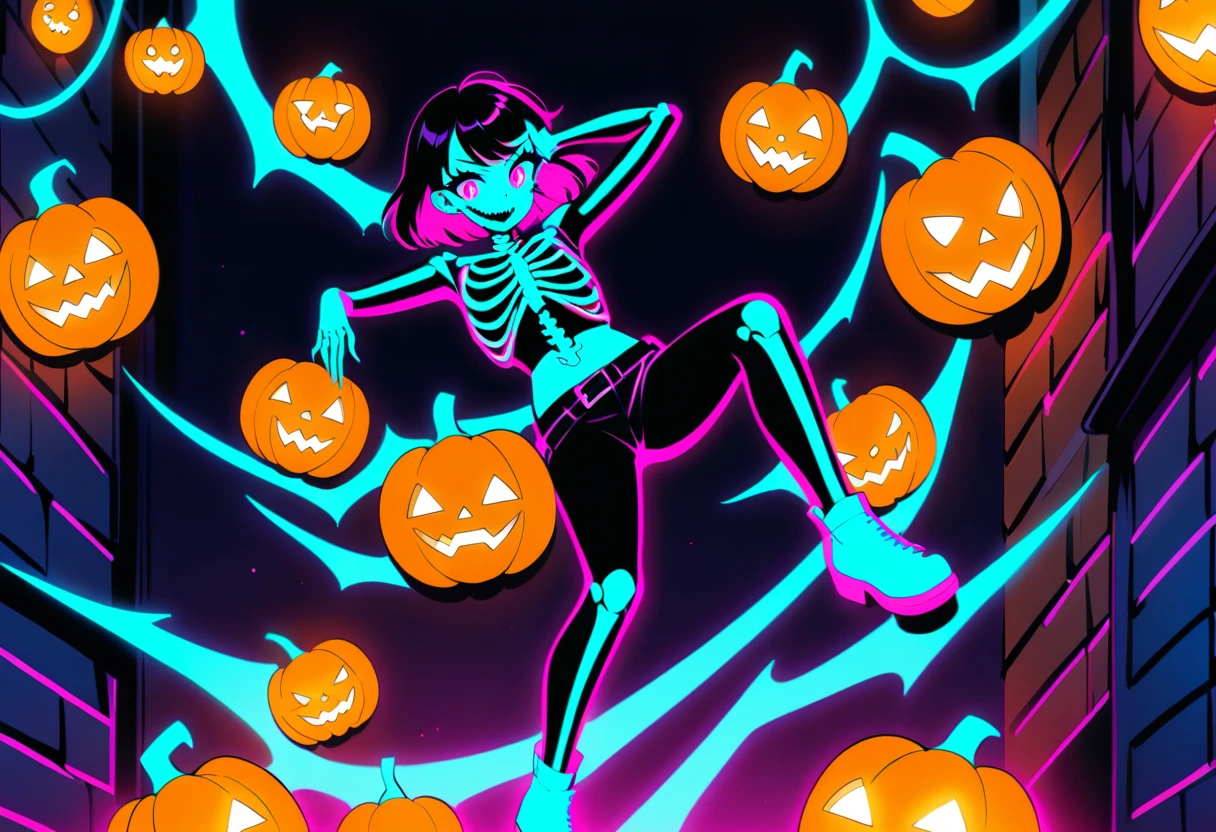 A young woman in a skeleton crop top among neon Halloween lights