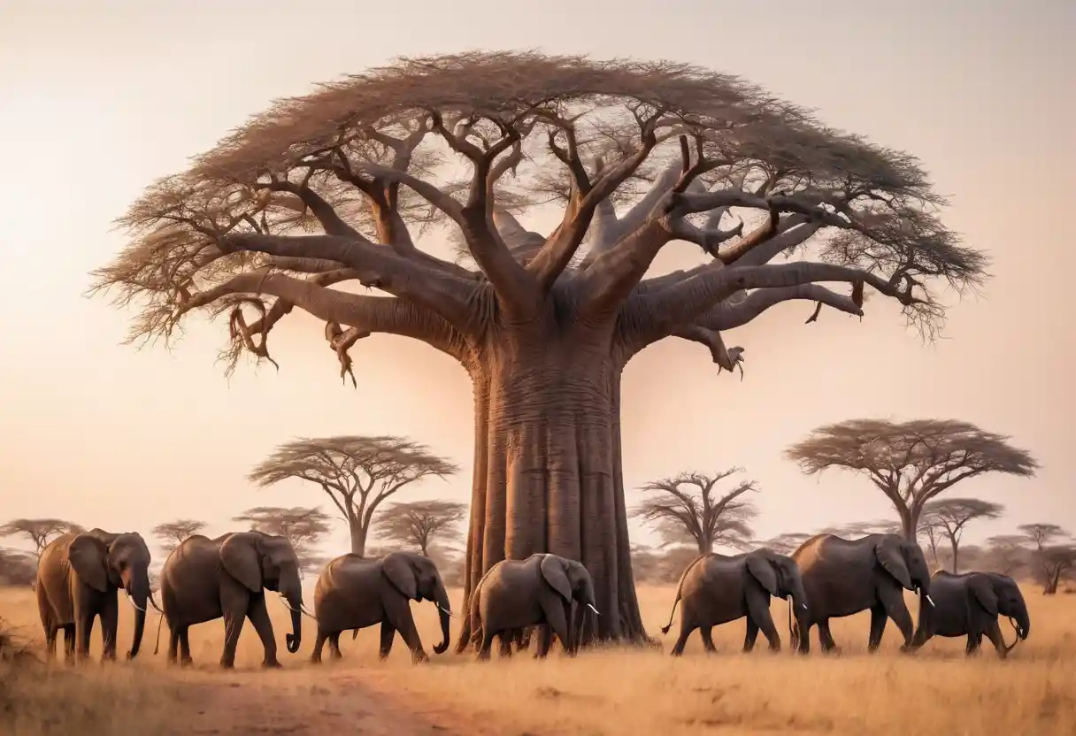 Elephants crossing a savanna beneath a towering baobab at dawn