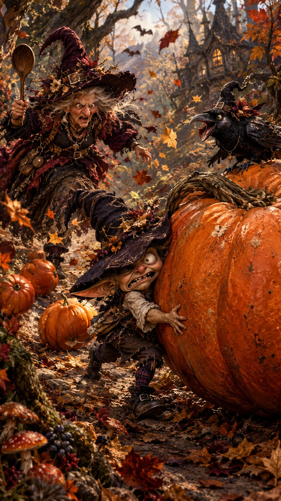 A goblin struggles to roll an enormous pumpkin through an enchanted woodland
