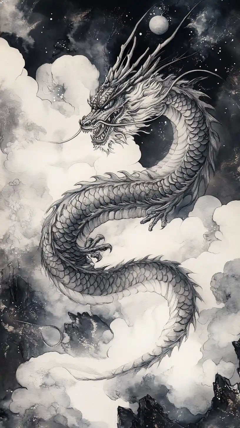 An eastern dragon spirals through clouds in watercolor and ink wash