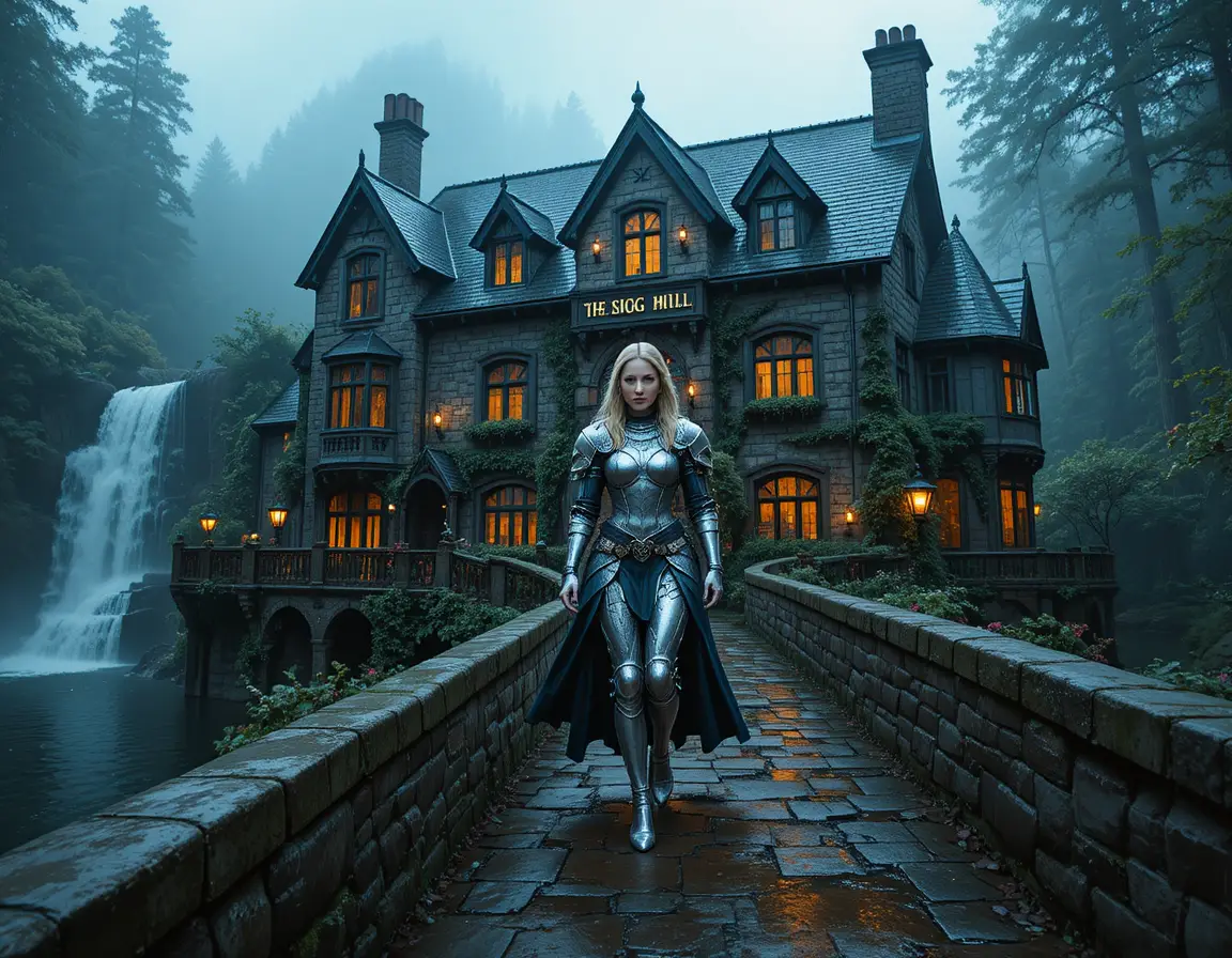 A gothic stone inn beside a waterfall in a misty forest