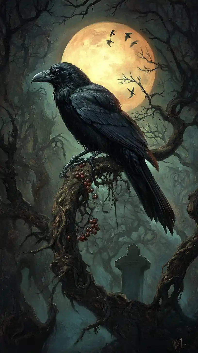 A raven perched on a twisted branch beneath a luminous forest moon