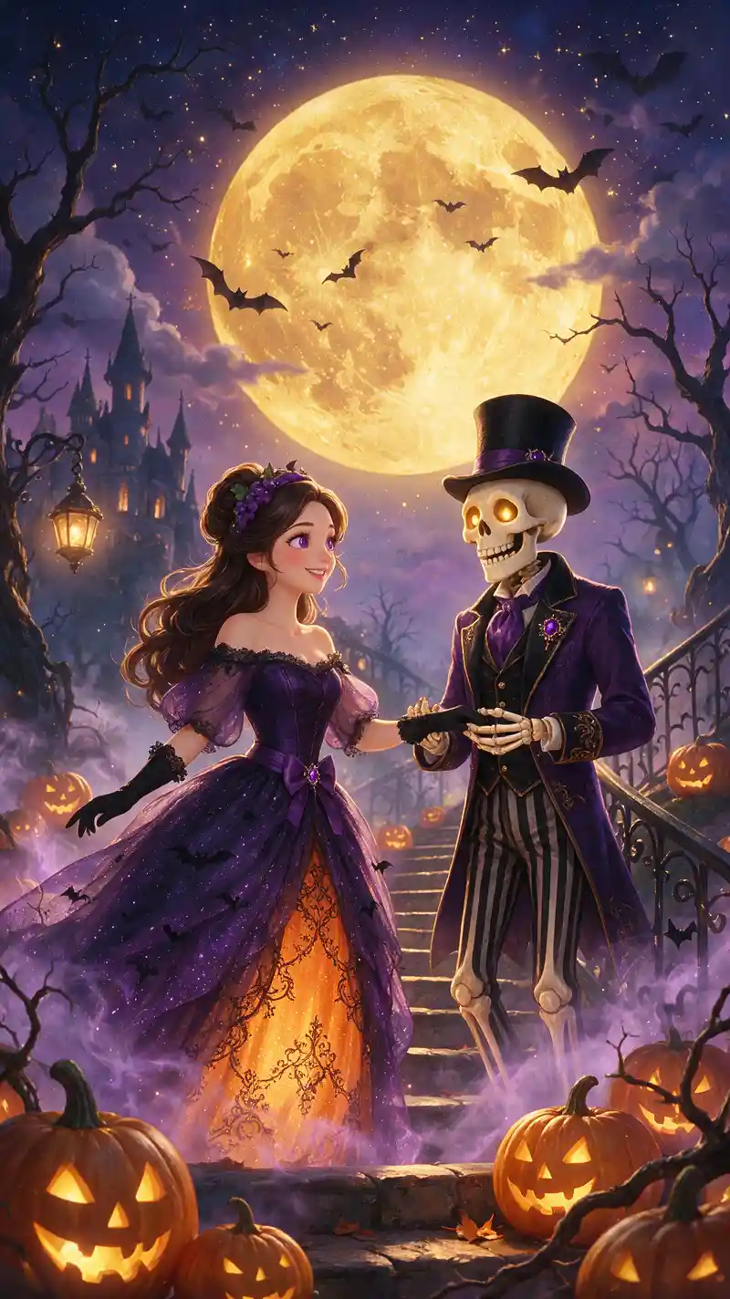 A young woman holds hands with a skeleton on a halloween staircase