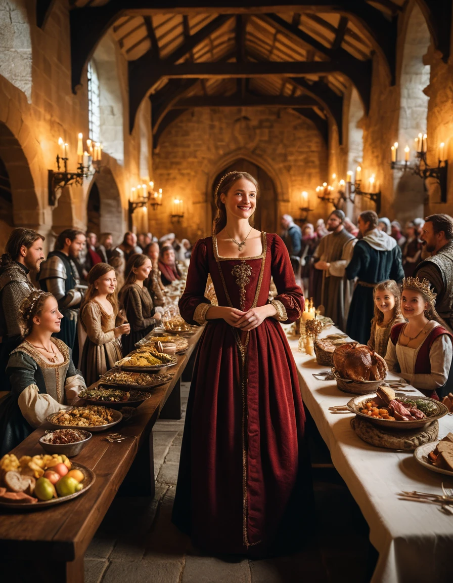A medieval noblewoman stands amid a feast in a castle hall