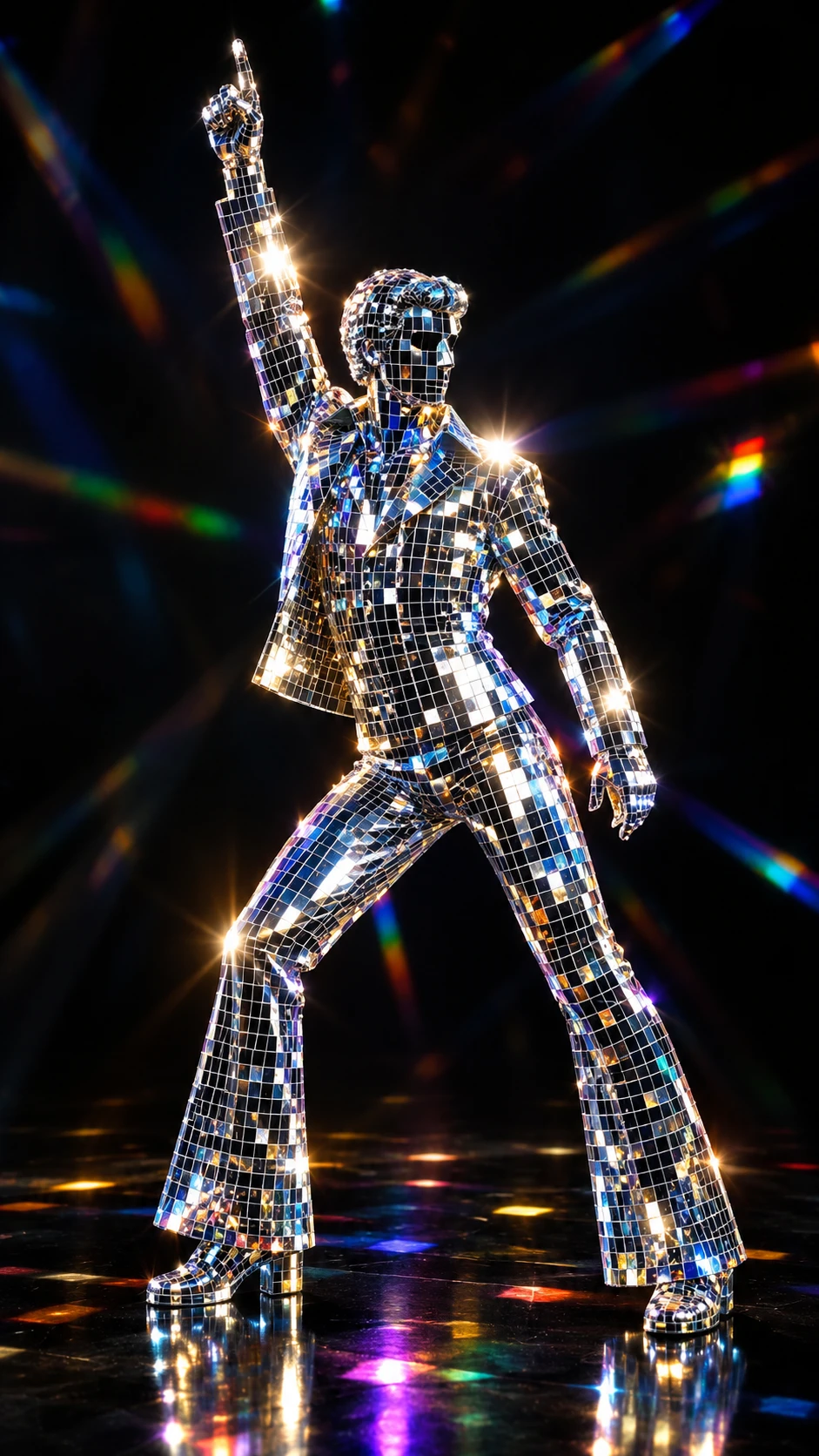 A mirrored figure freezes in a raised arm dance pose against a deep black backdrop