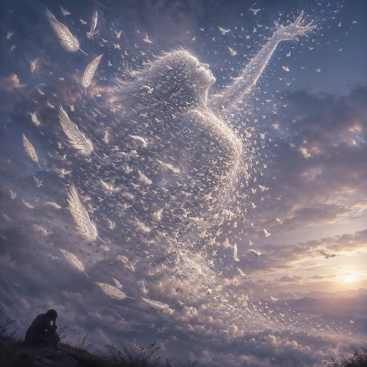 Thousands of white birds form a woman's silhouette in the evening sky