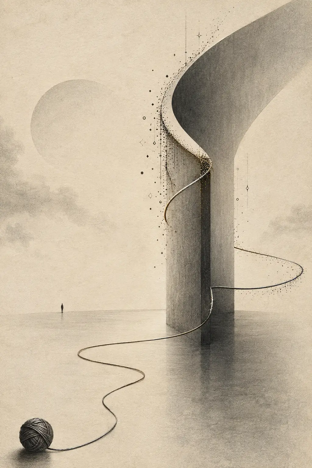 A thread follows a curved boundary through surreal empty space