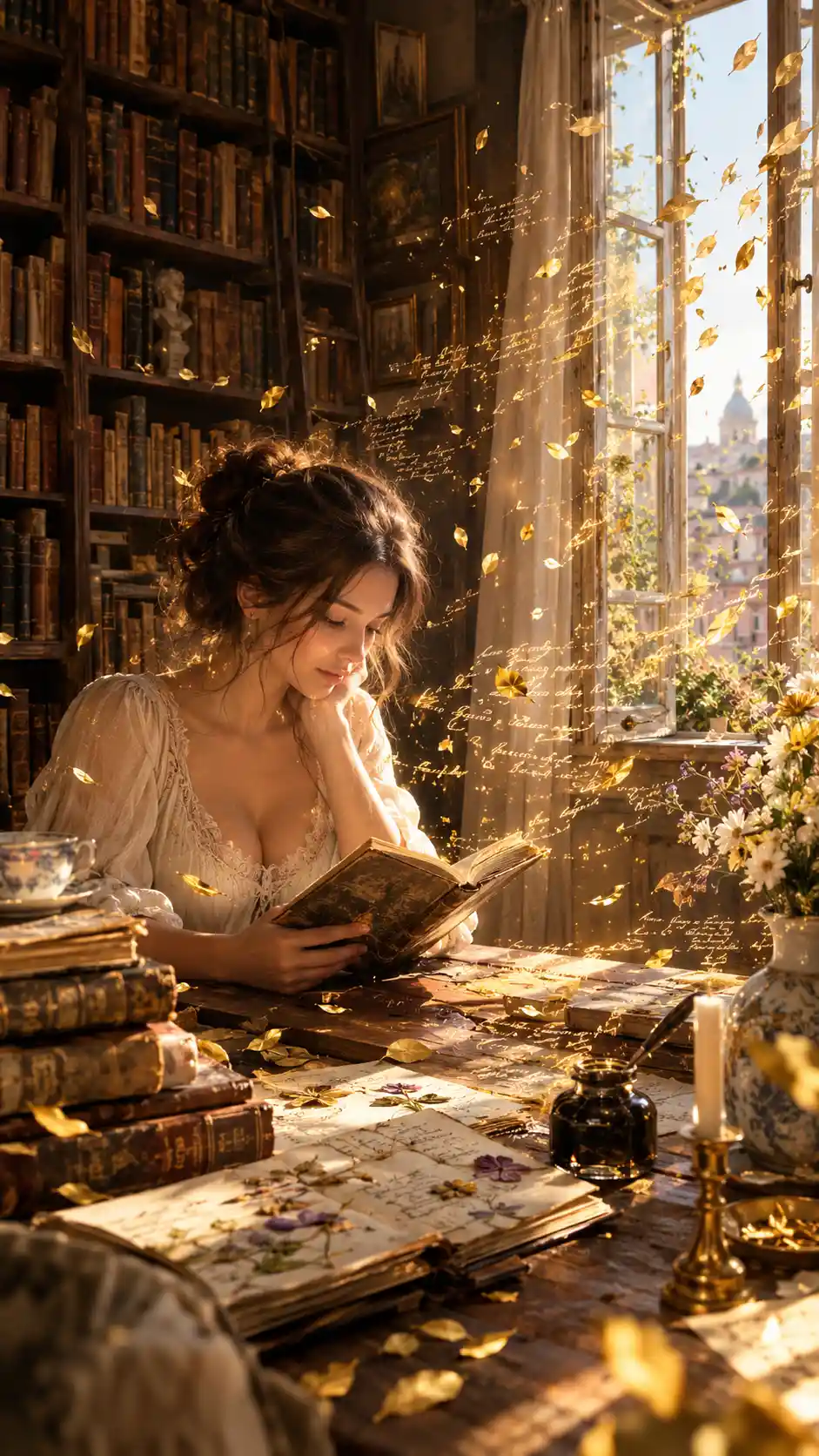 A woman reads as golden leaves become handwritten words in a library