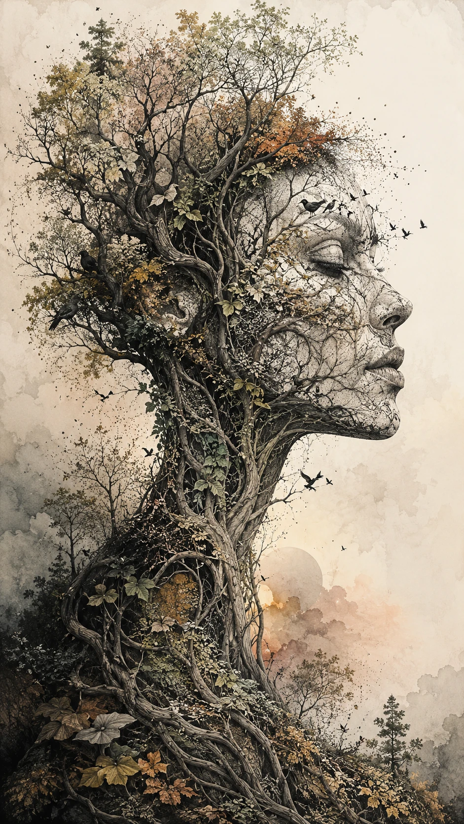 A human silhouette formed by branching trees and birds
