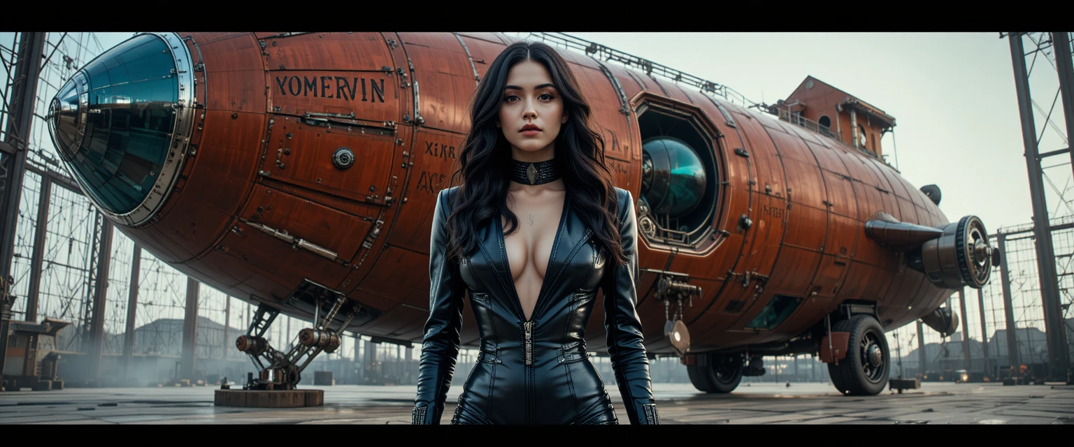 A young woman in black leather stands before an organic futuristic vehicle