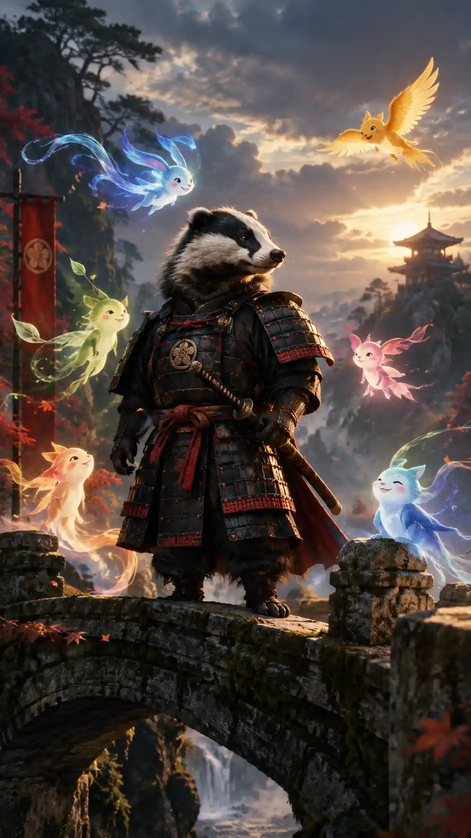 A samurai badger stands amid friendly spirits on an ancient stone bridge