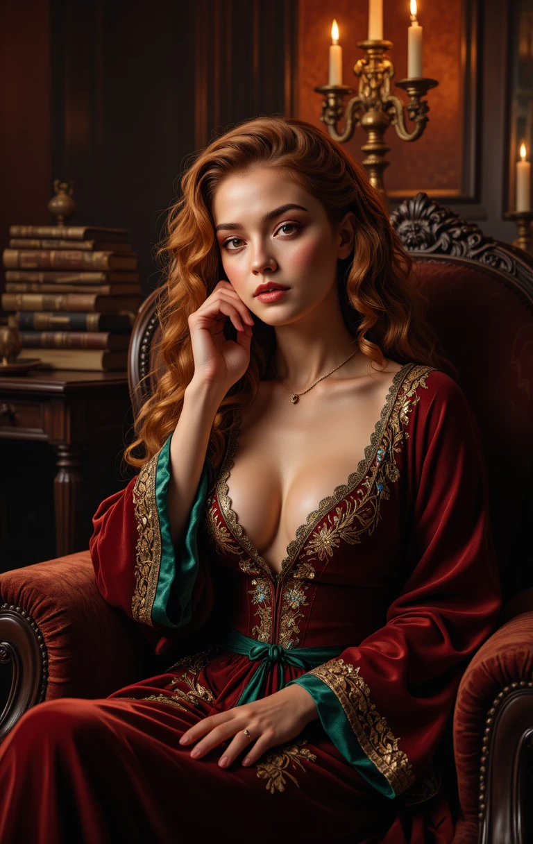 A Young Woman Rests Her Hand on Her Cheek in Velvet Robes