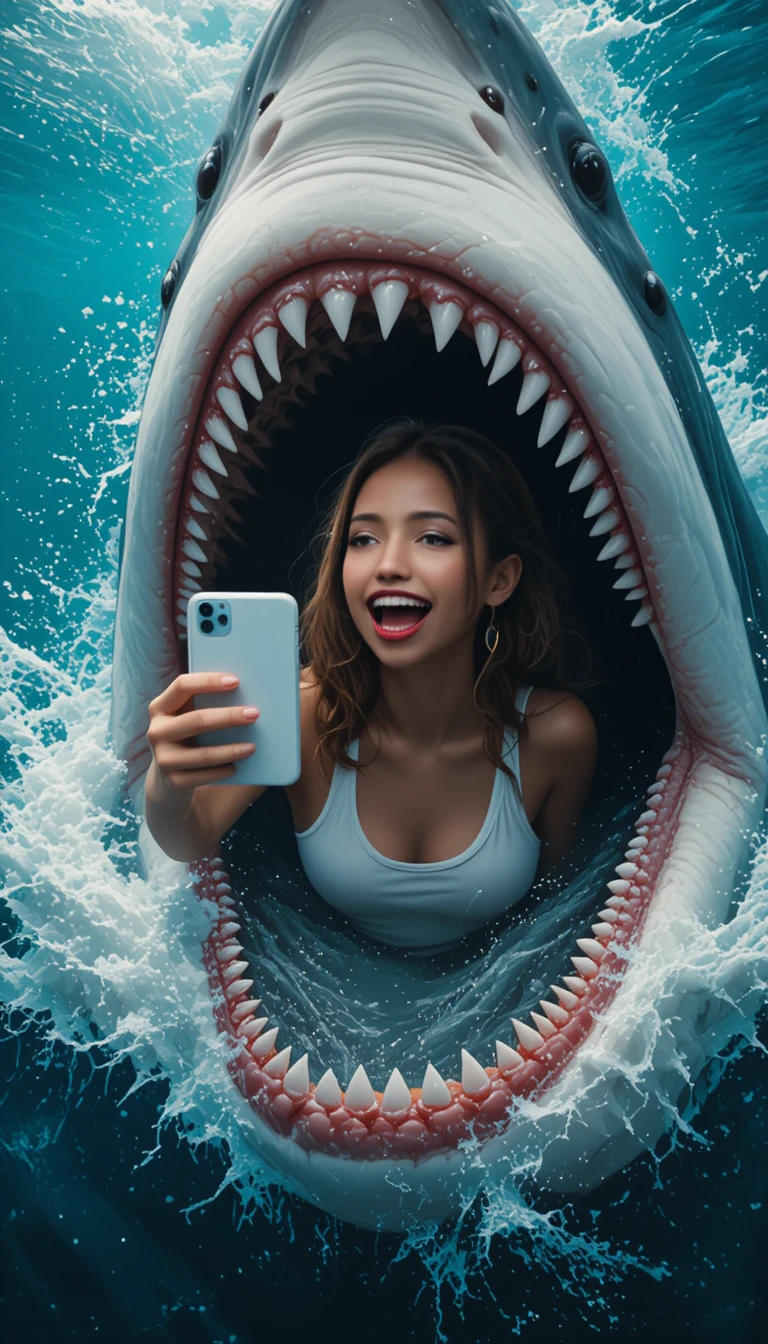 A young woman takes a selfie inside a great white shark's open mouth