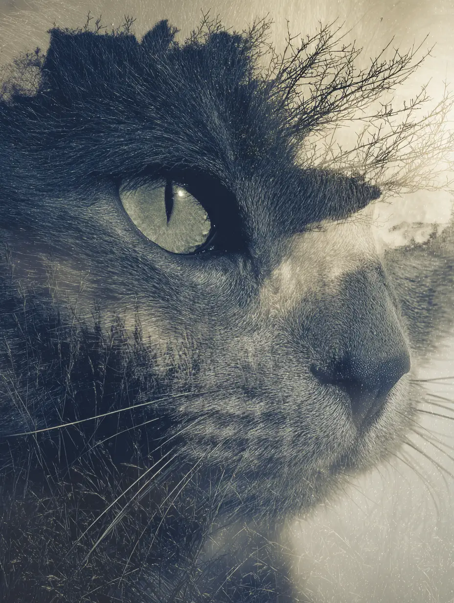 A surreal cat portrait rendered in bold linocut style
