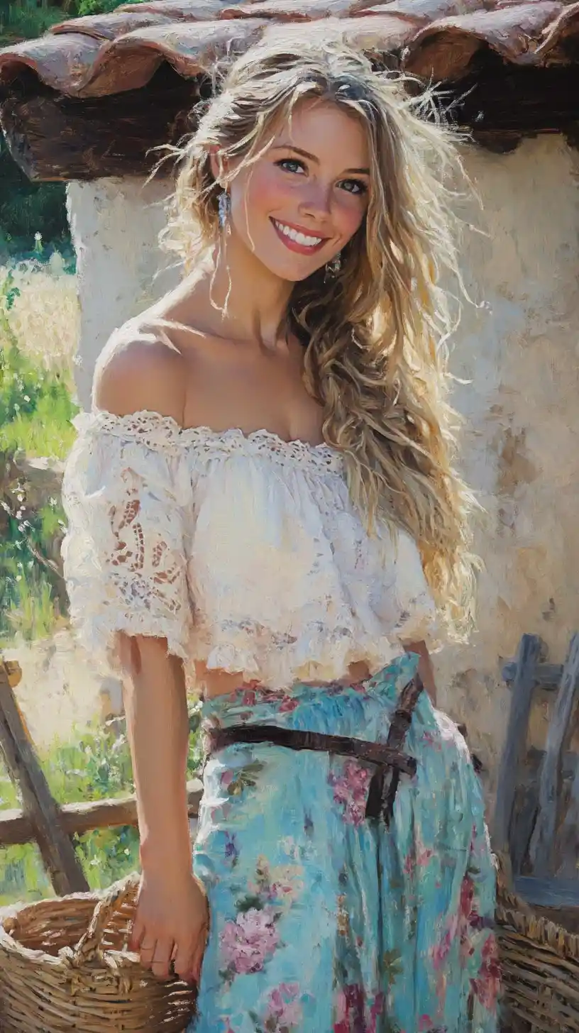 A young woman stands before a rustic cottage in the countryside