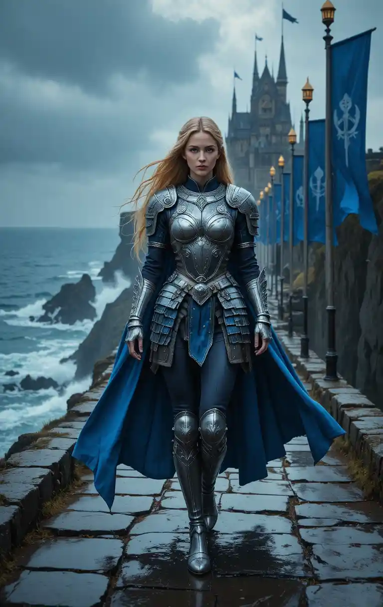 A female warrior walks along a wet stone pathway in silver armor