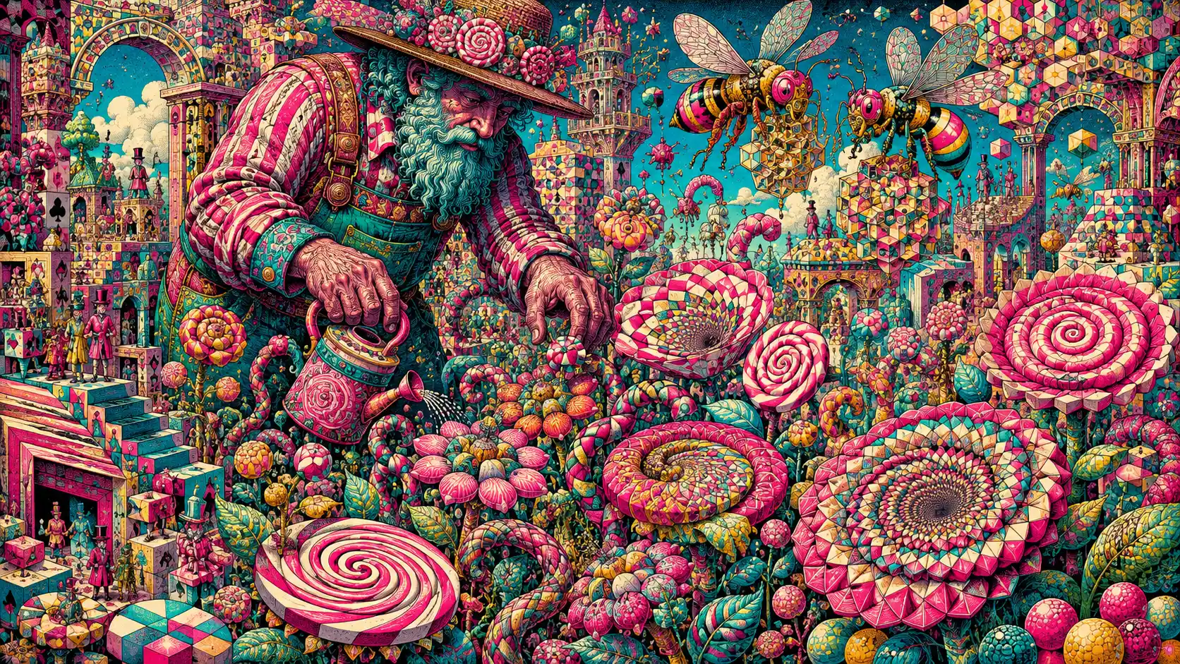 A towering gardener tends surreal flowers made from spun sugar