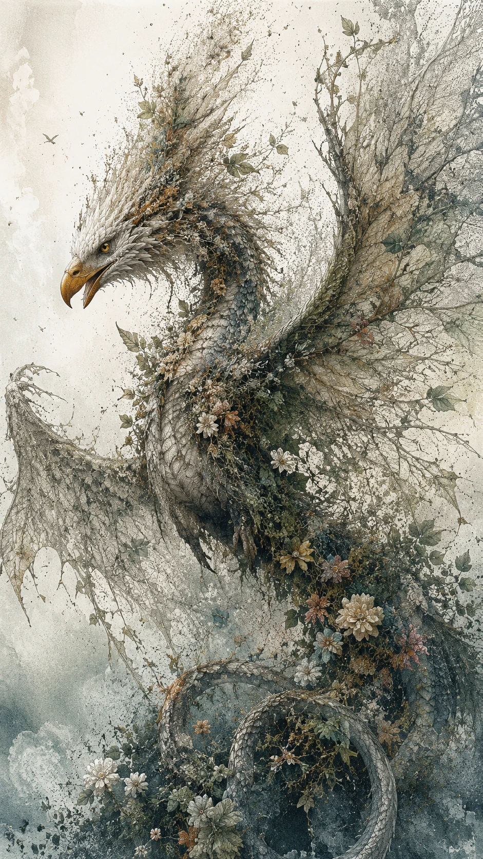 A dragon with a head that shifts into a soaring eagle and vine wings