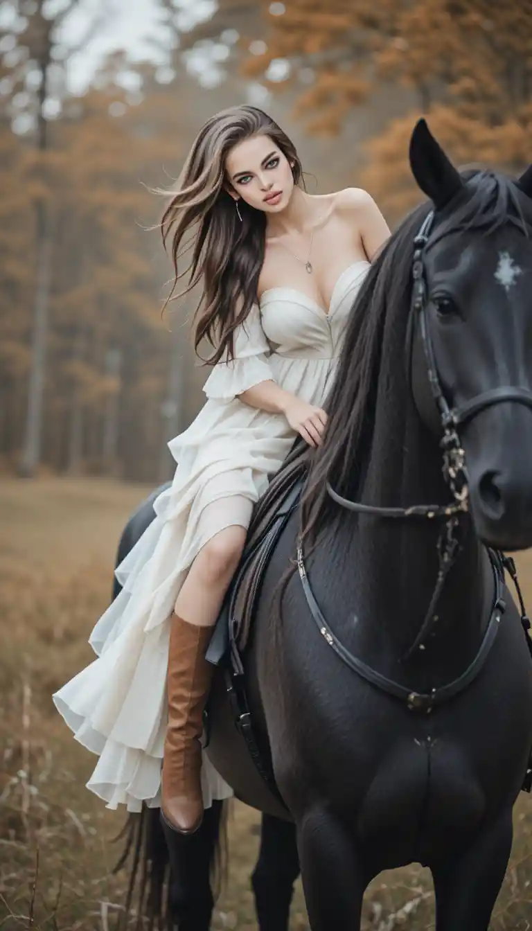 A woman rides a black horse through an autumn woodland clearing