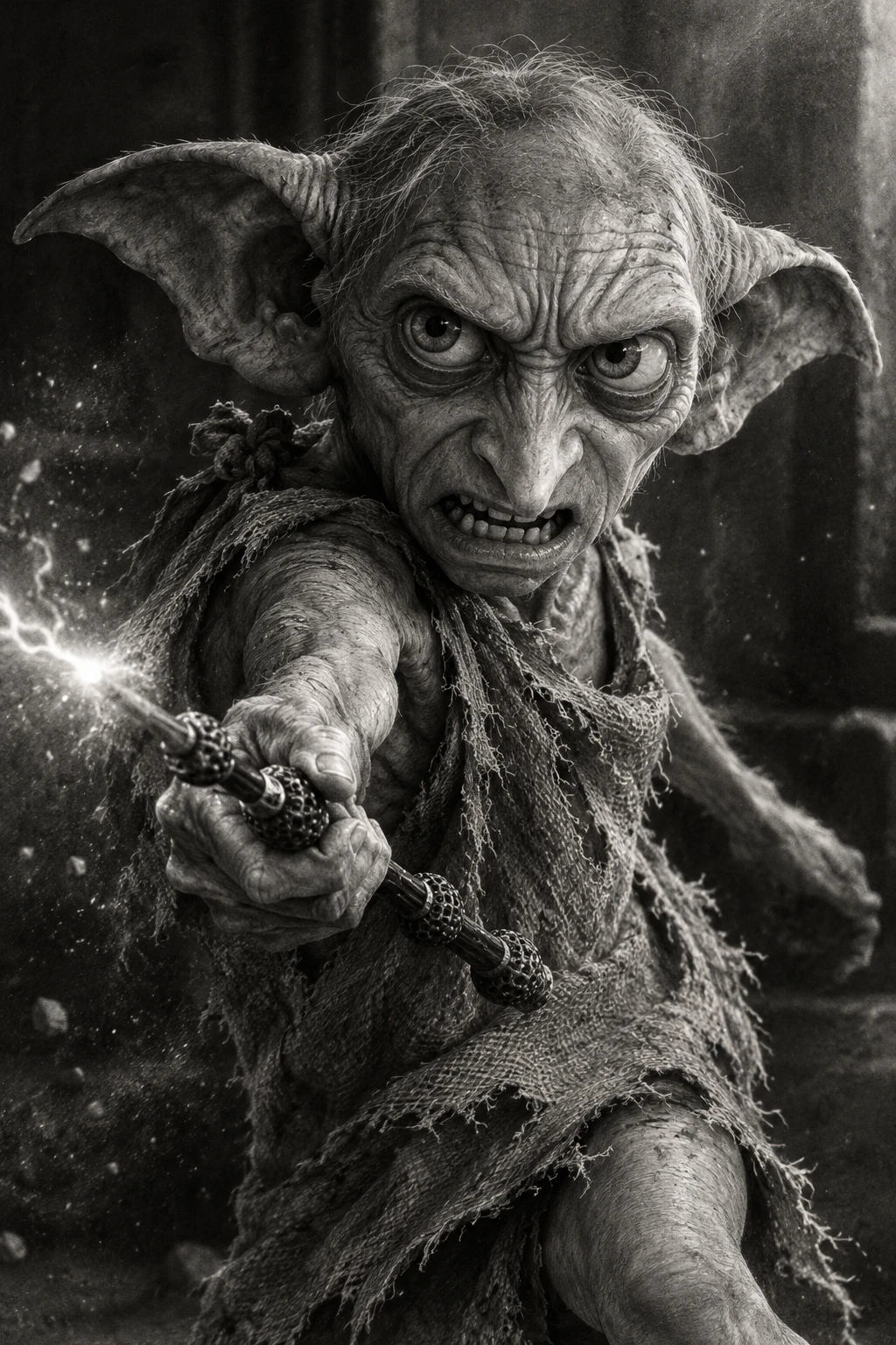 Dobby Casts a Spell with the Elder Wand in a Fierce Graphite Drawing