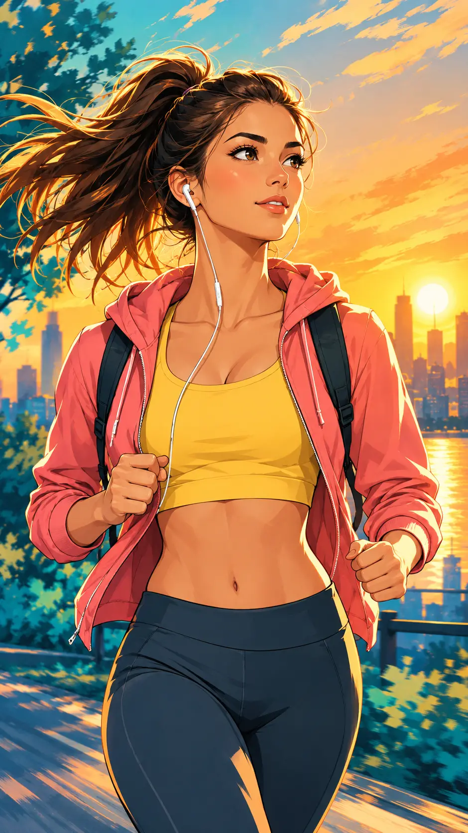 Young woman jogging through an urban landscape at sunrise
