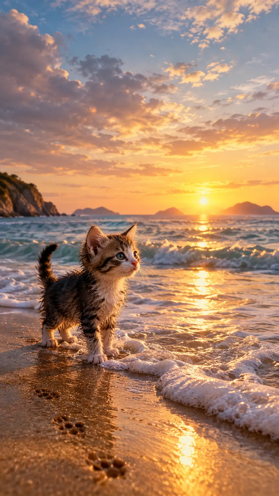 A tiny kitten meets the waves on a vast Mediterranean beach