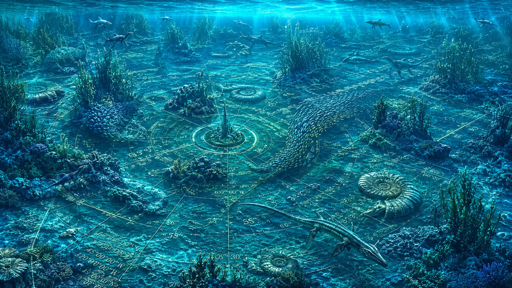 Prehistoric coral reefs forming vast grids across a clear ocean floor