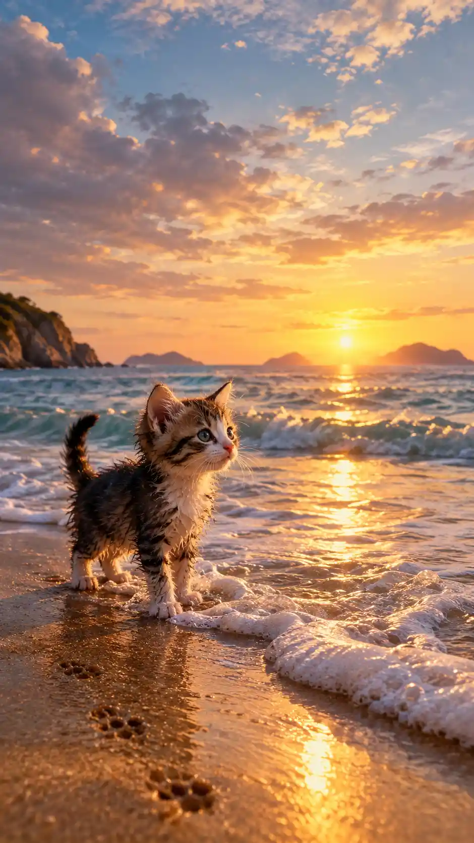 A tiny kitten meets the waves on a vast Mediterranean beach